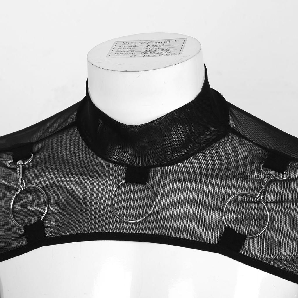 Men Mock Neck Long Sleeve T-Shirt See-Through Mesh Half Crop Top Party Clubwear