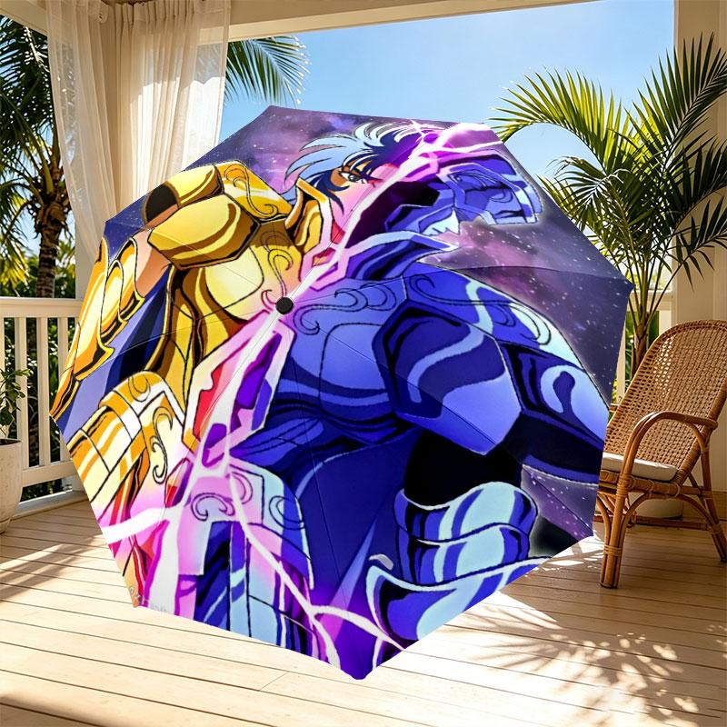 Saint Seiya Print Automatic Open Close Umbrella, Portable Foldable Umbrella, for Outdoor Commute Camping Trip, Ideal Birthday Gift