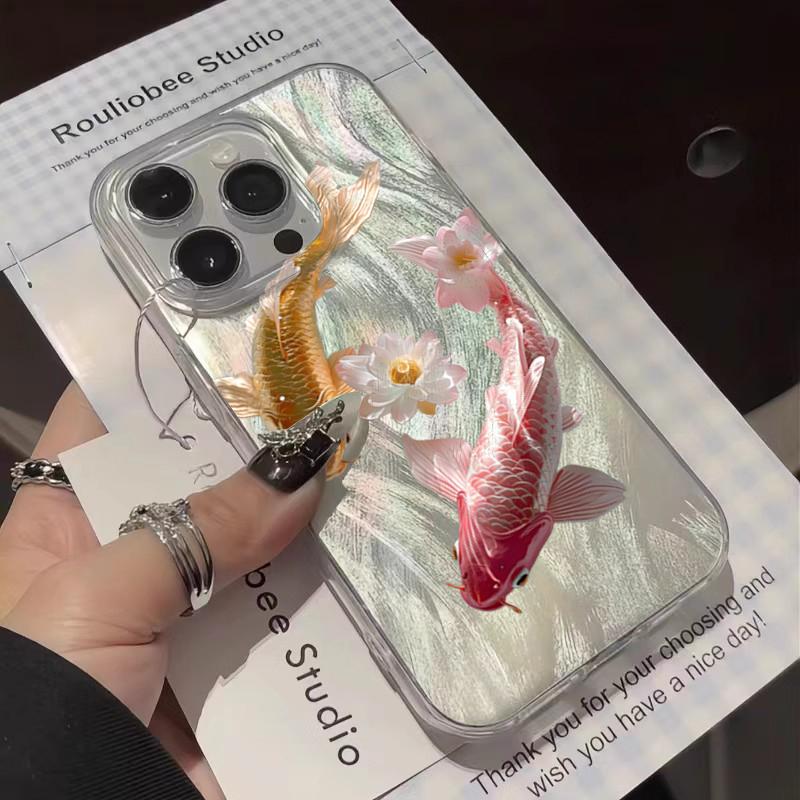 Feather Yarn Colorful Golden Lotus Koi Phone Case For iPhone 11 12 13 14 15 16 17 Air Pro Max XS XR X 7 8 Plus 16E SE 2 Cover