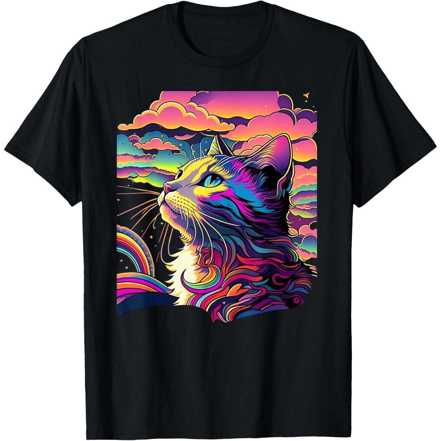 Psychedelic Rainbow Cat Art Graphic Tee Abstract Feline Print Round Neck T-Shirt for Men S