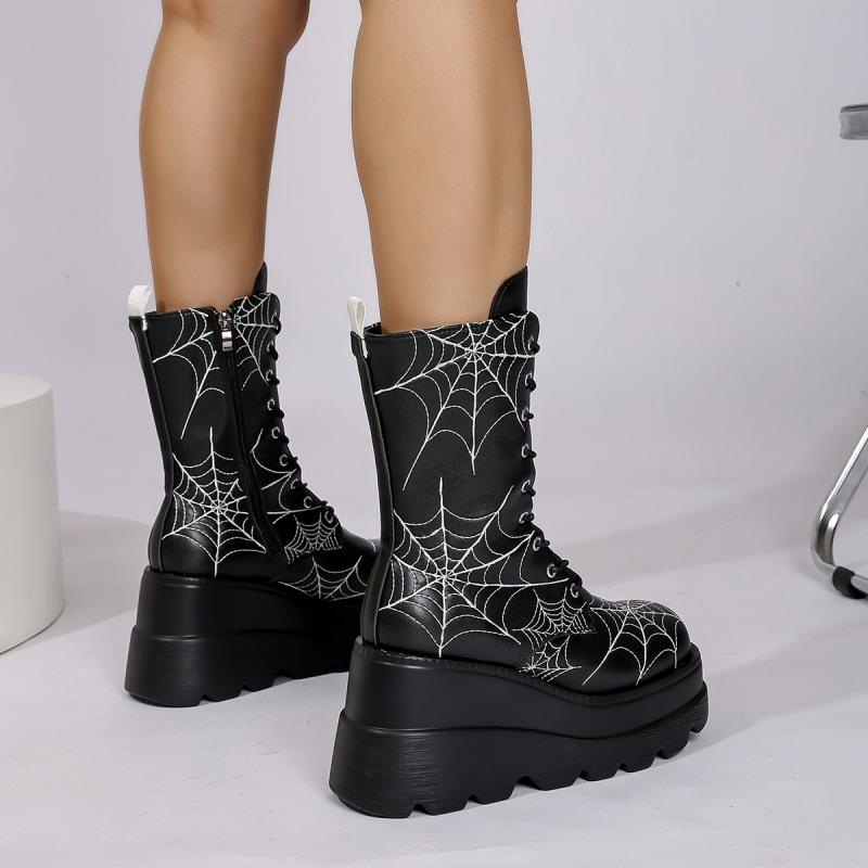 Fashion Gothic Spider Web Embroidery Super High Heel Boots Women 2025 Autumn Punk Thick Bottom Mid Calf Booties Side Zip Black Boots