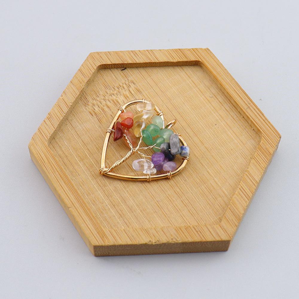Seven-Color Natural Crystal Tree of Life Heart Pendant Necklace N743