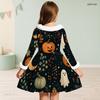 Girls High Neck Long Sleeve Furry Trim Printed Witch Frog Pattern A Line Flared Dress