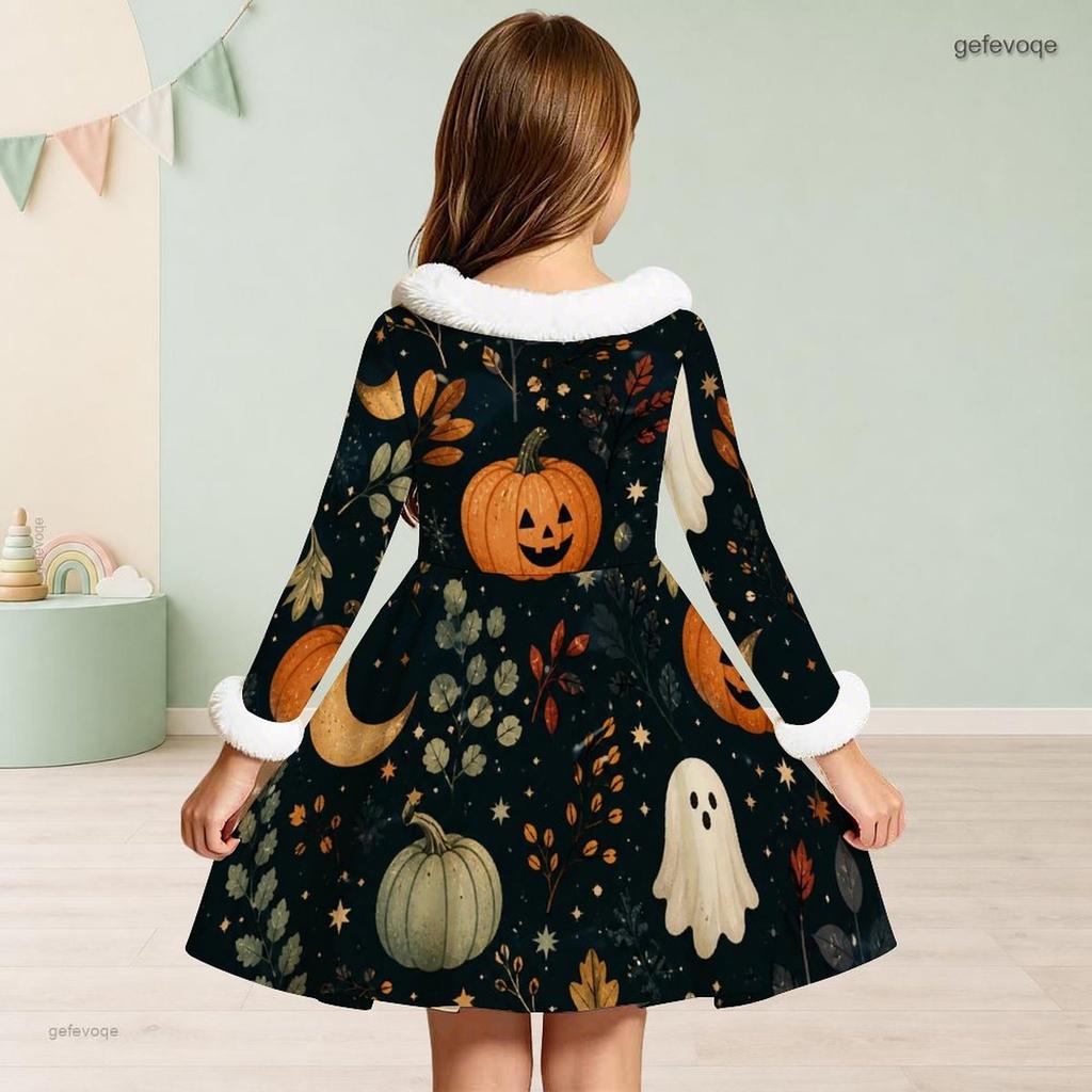 Girls High Neck Long Sleeve Furry Trim Printed Witch Frog Pattern A Line Flared Dress