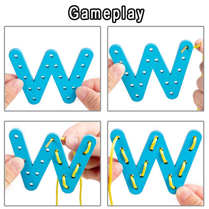 Wooden Number Letter Rope Game Early Education Cognitive Handmade Rope Letter Educational Toys Hand Eye Coordination Training