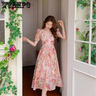 Women's Design Sense Temperament Temperament Senior Sense French Can Sweet Can Salt Square Collar Floral Dress Bundle Waist Thin Bubble Sleeve Dresses