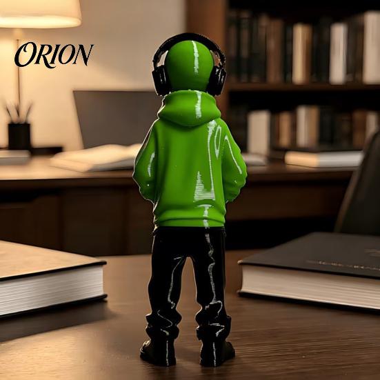 Home Office Desk Accent 3D Printed Alien Figurine with Hoodie And Headphone, Trendy Desktop Decor Ornament, Cyber Style Statue for Gaming Room
