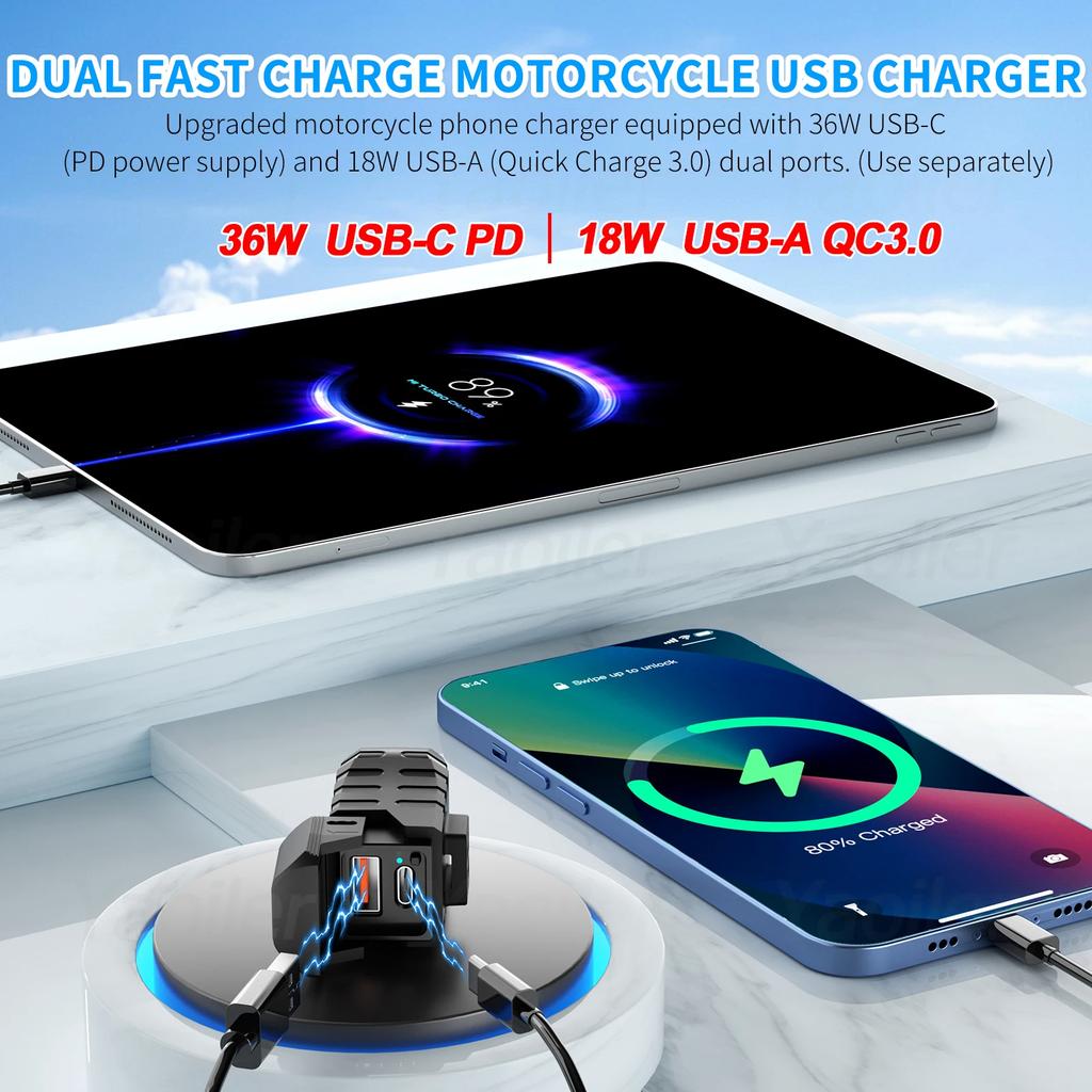 New QC3.0 Motorcycle USB Charger 12V Waterproof PD3.0 Port Socket Handlebar Quick Charger Adapter W/ Voltmeter Moto Accessories