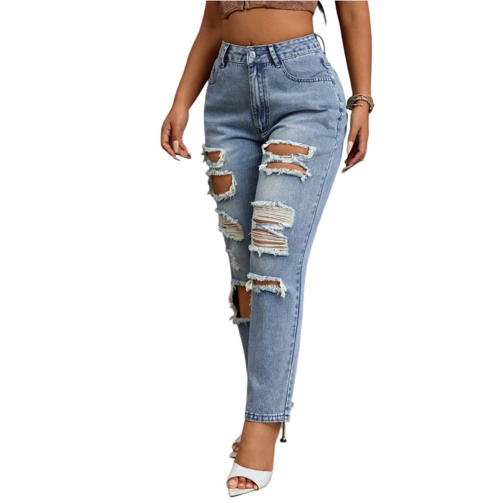 Women's Fashionable Casual Micro Flared With Frayed Edges And Double Button Jeans