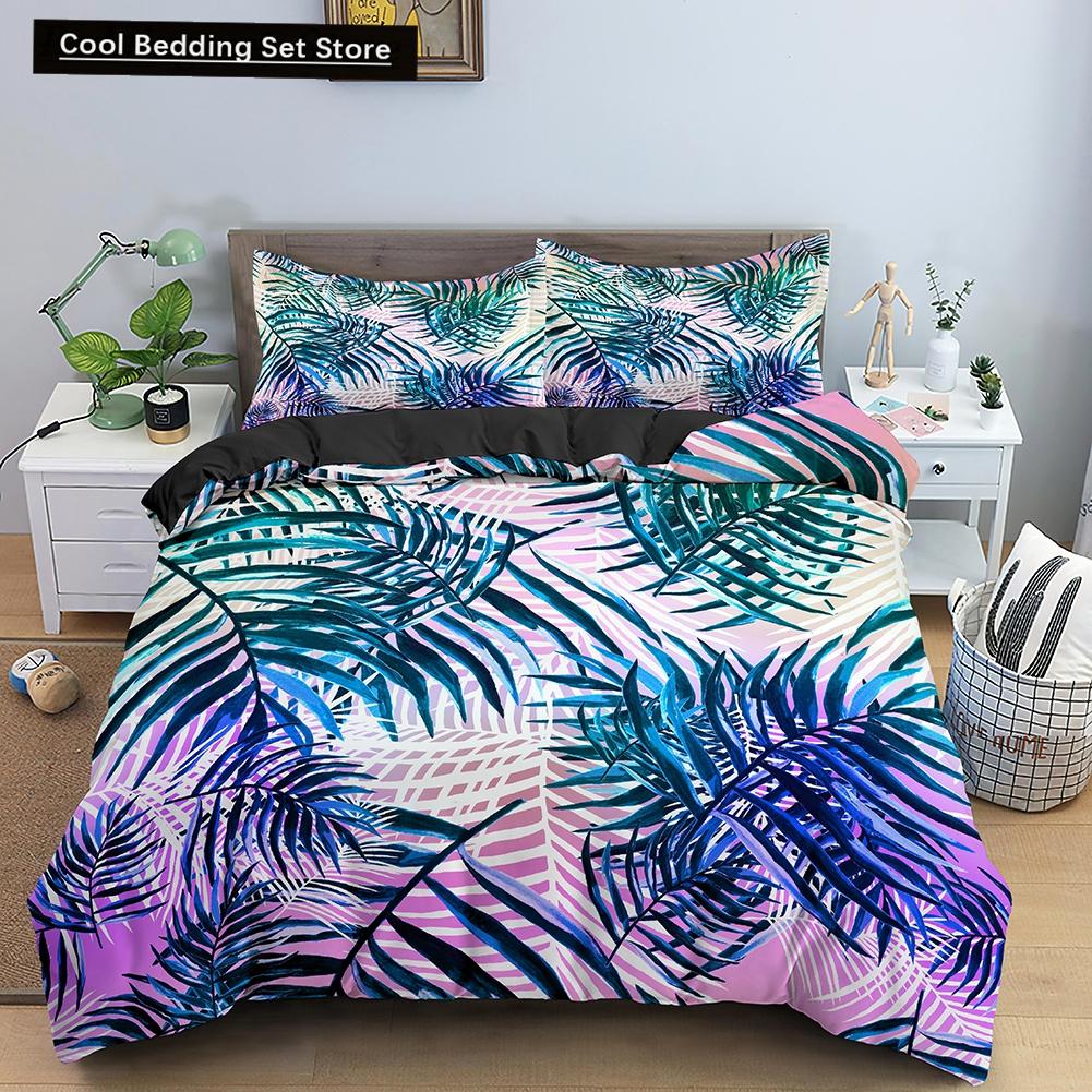 Floral King Queen Duvet Cover Fuchsia White Flower Bedding Set for Girl Women Colorful Plant Leaves 2/3pcs Polyester Quilt Cover