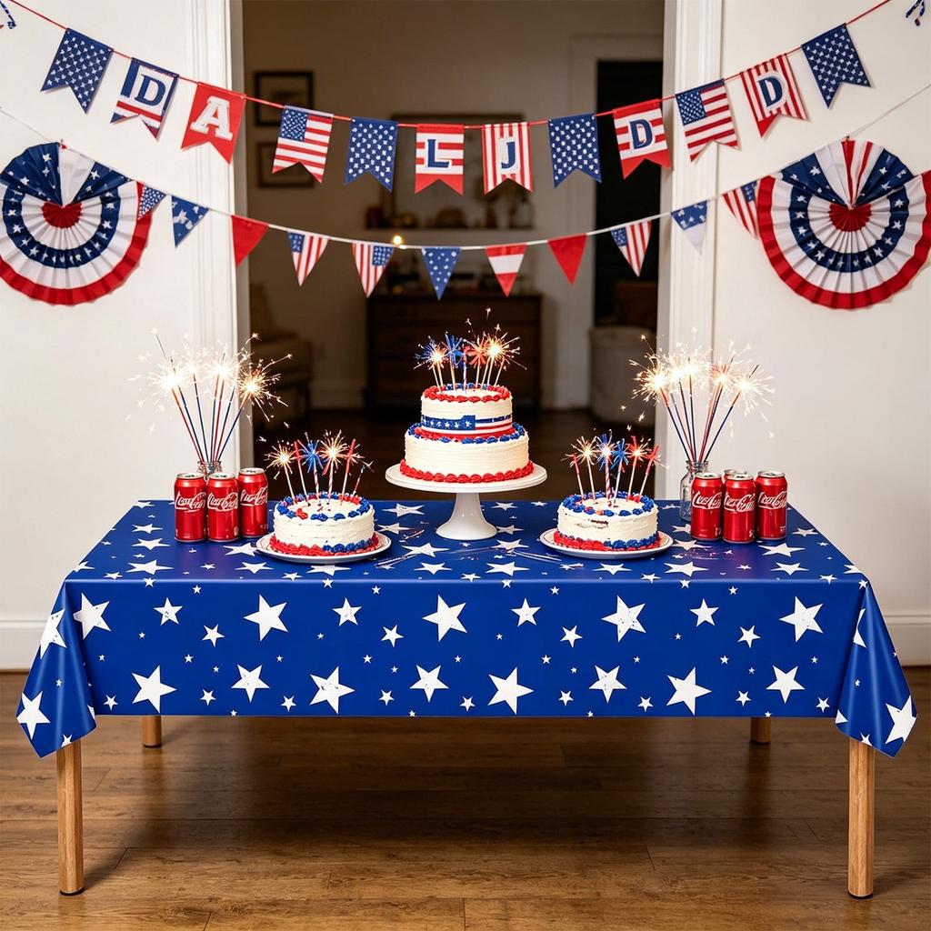 Women Disposable Plastic Tablecloth for Independence Day Patriotic Party Supplies Blue
