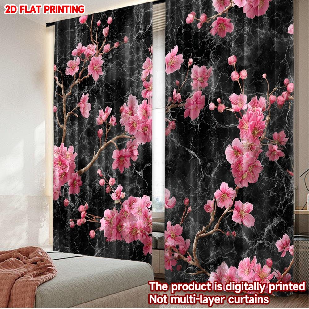 

2pcs Cherry Blossom Curtains Pink Flowers with Detailed Stamens on Dark Marble Background for Elegant Bedroom Decor 100*130 Grommet Top 1pcs