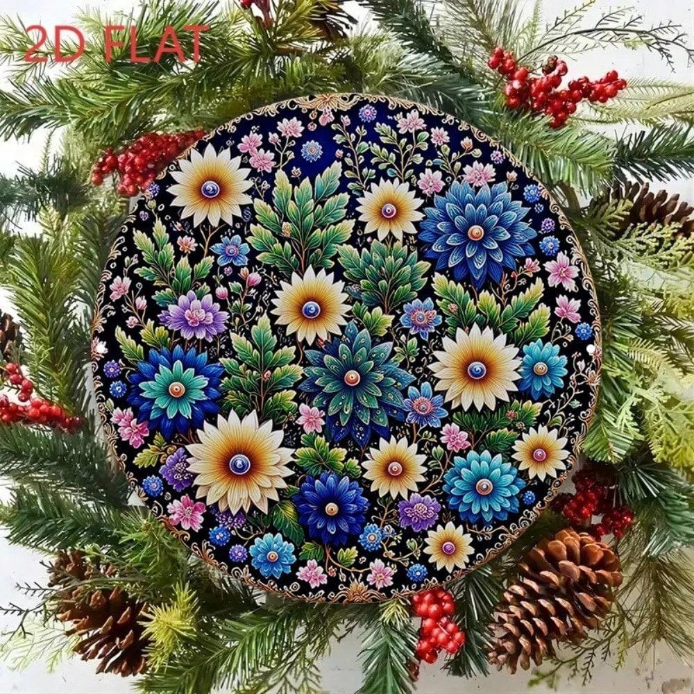 Vintage Round Mandala Metal Wall Art 8 Inch Turquoise Blue Golden Boho Decor Aluminum Sign Home Bar