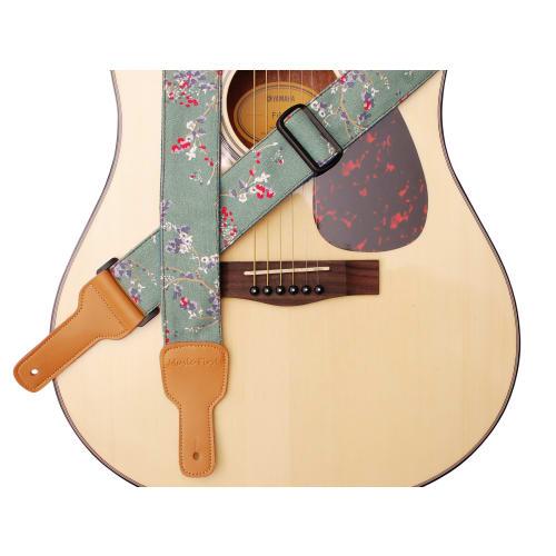 MUSIC FIRST Original Design Vintage Style "Plum Blossom" Soft Cotton and Leather Guitar Strap, Banjo Strap