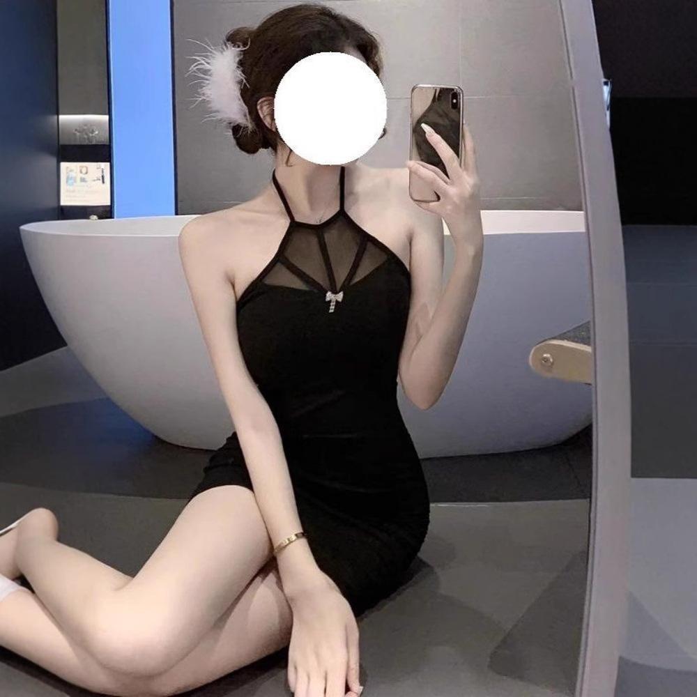 Pure desire sexy royal sister tight hip skirt women's summer new unique mesh splicing Spice Girl chic neck suspender skirt