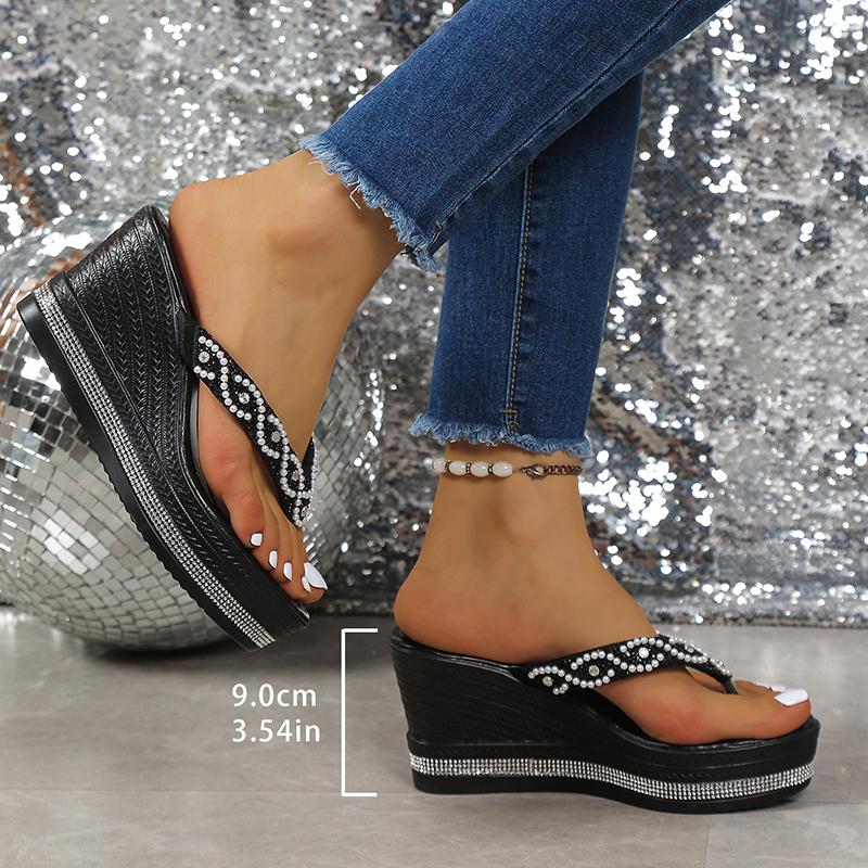 Fashion String Bead Wedges Slippers Women 2025 Summer Chunky Platform Beach Flip Flops Woman Clip Toe High Heeled Sandals 35-43