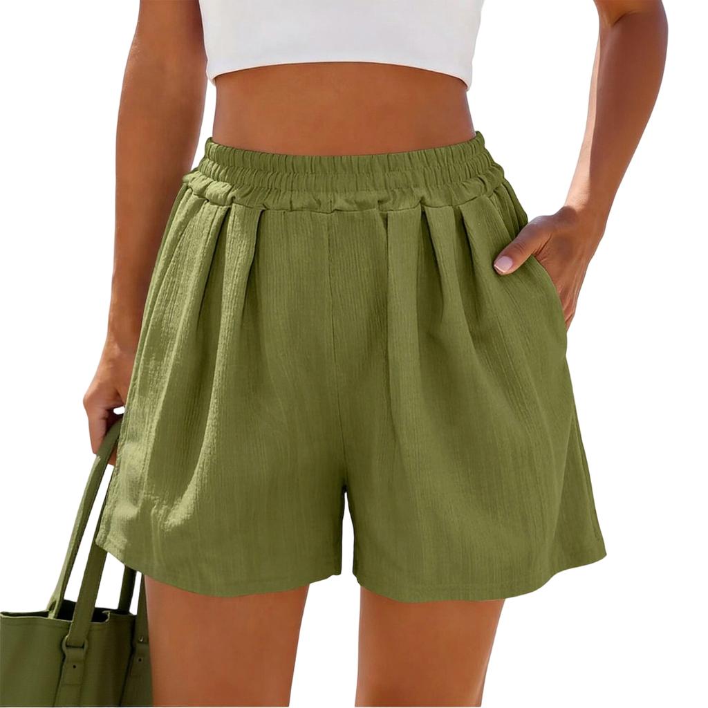 Women High Waist Elastic Waistband Pleated Loose Fit Shorts with Side Pockets Summer Lightweight Casual Style