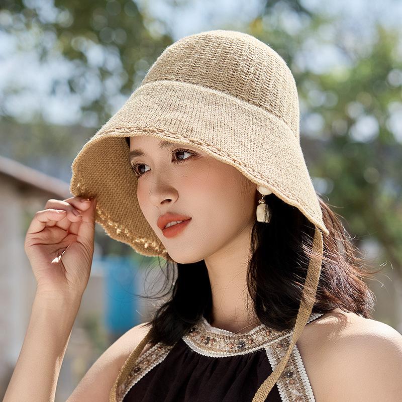 Sonnenhut Damenmode Gestrickter Fischerhut Vielseitiger Stil Outdoor Spitzenband Fischerhut