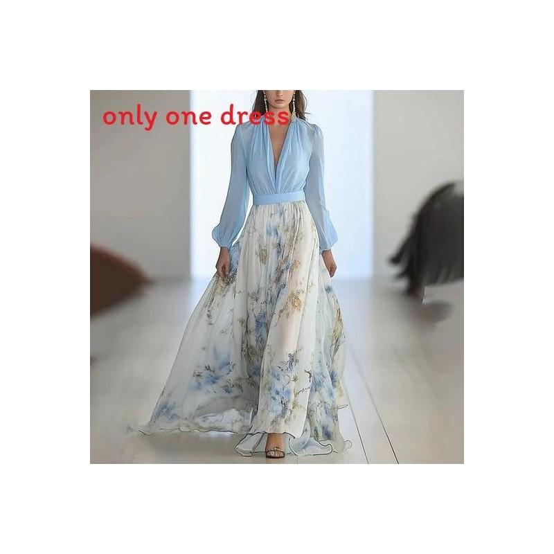Euro Female Long Sleeve V Neck Spliced Print Chiffon Maxi Dress For Casual Streetwear
