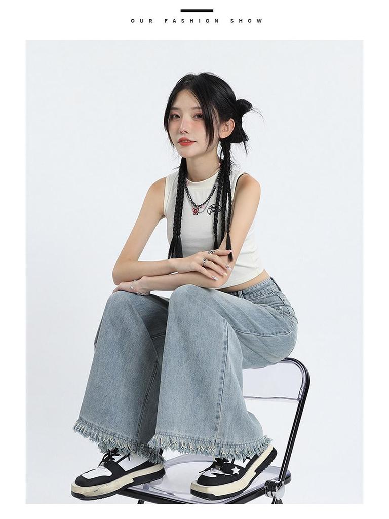American Raw Edge Wide-Leg High-Waist Jeans for Women - Trendy Floor-Length Straight Pants