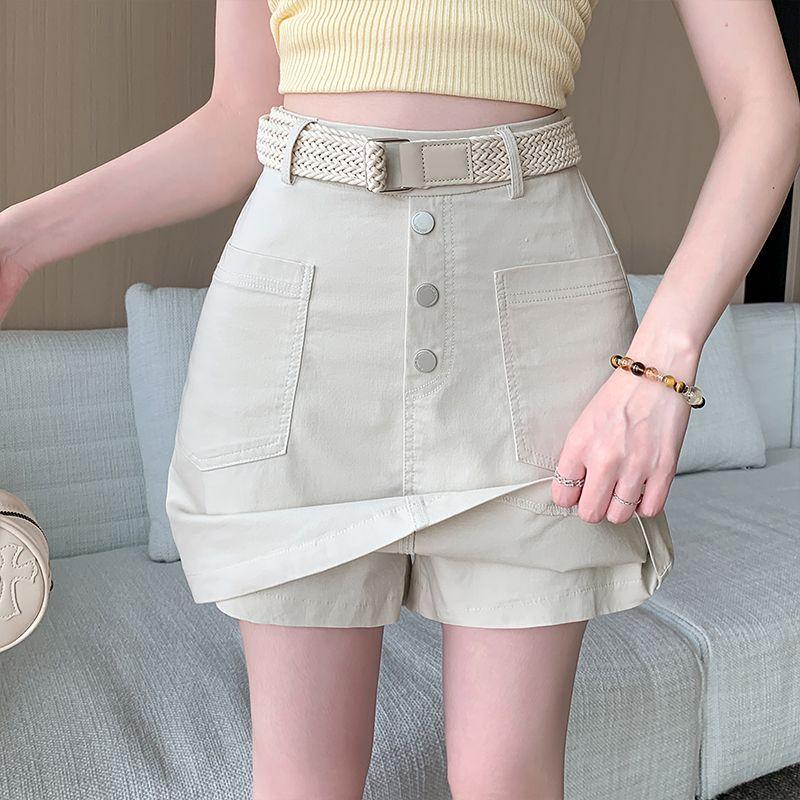 

Plus Size Women s Clothing Fashion Commuter Summer Pocket Stretch High Waist Casual Loose Short Culottes Belt Tide M-4XL Apricot Belt 3XL(Plus size)
