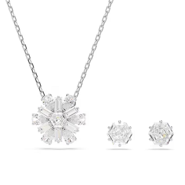 Swarovski Idyllia Set Snowflake Design Cubic Zirconia Rhodium Plated Necklace And Earrings Set Women jewelry Silver 5691486 Box+Shopping Bag (Random Color)