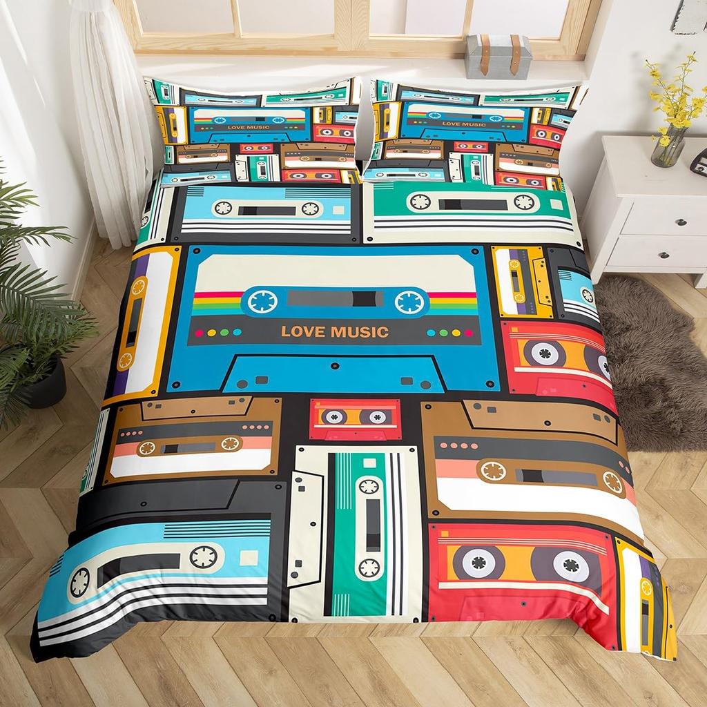 Cartoon Schwarz Schallplatte Bettbezug Set Retro Schallplatte Bettdeckenbezug für Jungen Mädchen Musik Thema Bettwäsche Set Queen King Bettbezüge