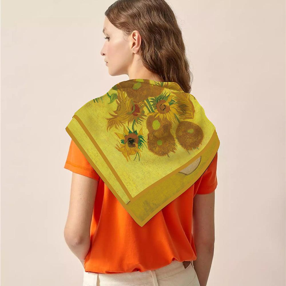 Silk Scarf Women Sunflowers Print Square Scarves Head Echarpes Silk Foulards Femme Wraps Beach Shawls Bandana Lady Hijabs 90CM