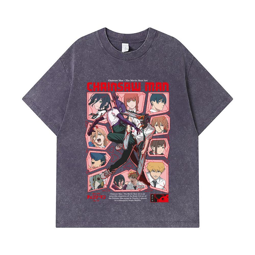 275 GSM Washed T-shirts 100% Cotton Chainsaw Man V18 Reze Arc Print Unisex Heavy Cotton T Shirt