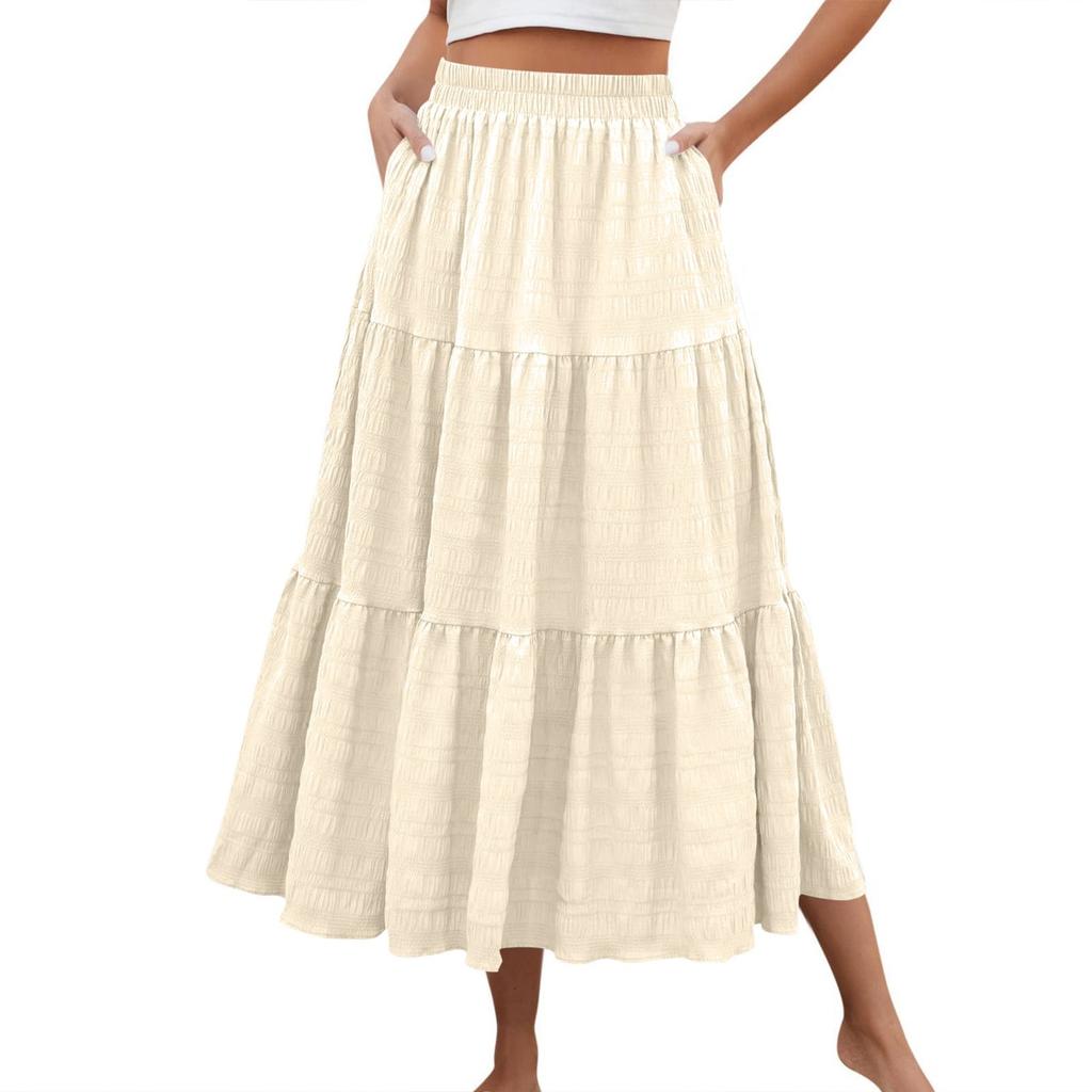 Women's Fashion Summer Bohemian Solid Color Elastic Waist A-line Pocket Half Length Skirt