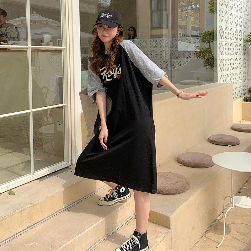 

Pull frame cotton, active long loose and versatile maternity wear fat MM short-sleeved t-shirt skirt tide One size fits all чорний