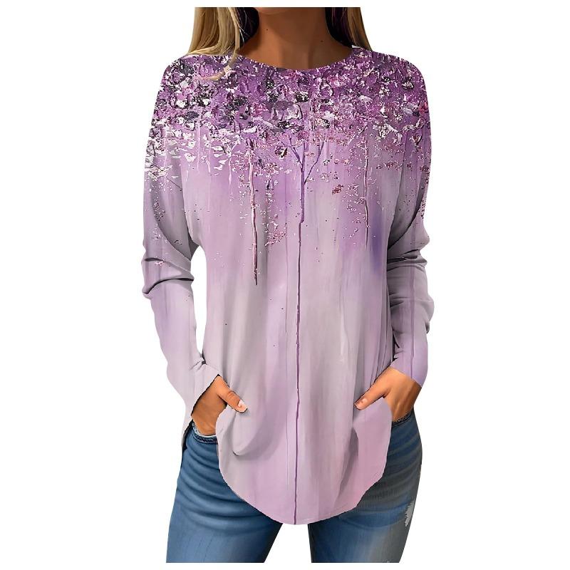Damen T-Shirt mit 3D-Blattdruck, modisch, langärmlig, Rundhalsausschnitt, normale Oberteile, Feiertagswochenende, Frühling und Herbst