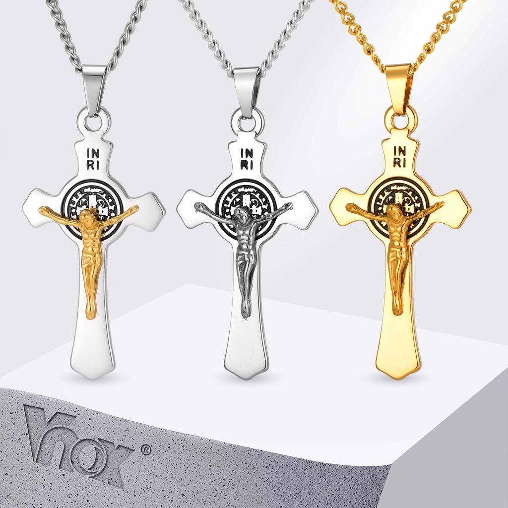 Vnox Saint Benedict Catholic Cross Pendant Necklace for Men Women, 50/60/70cm Stainless Steel Link Chain, Religious Jewelry Gift