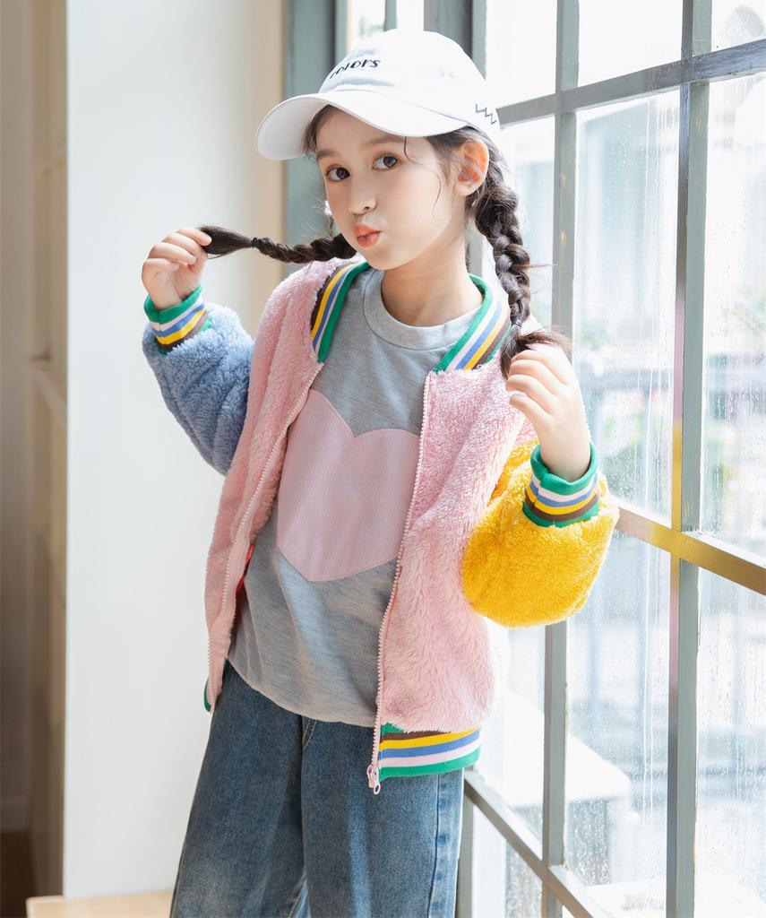 Fleece Children's Jackets Splicing Sleeve Cute Warm Fleece Boys and Girls Casual Sweater Warm Coat