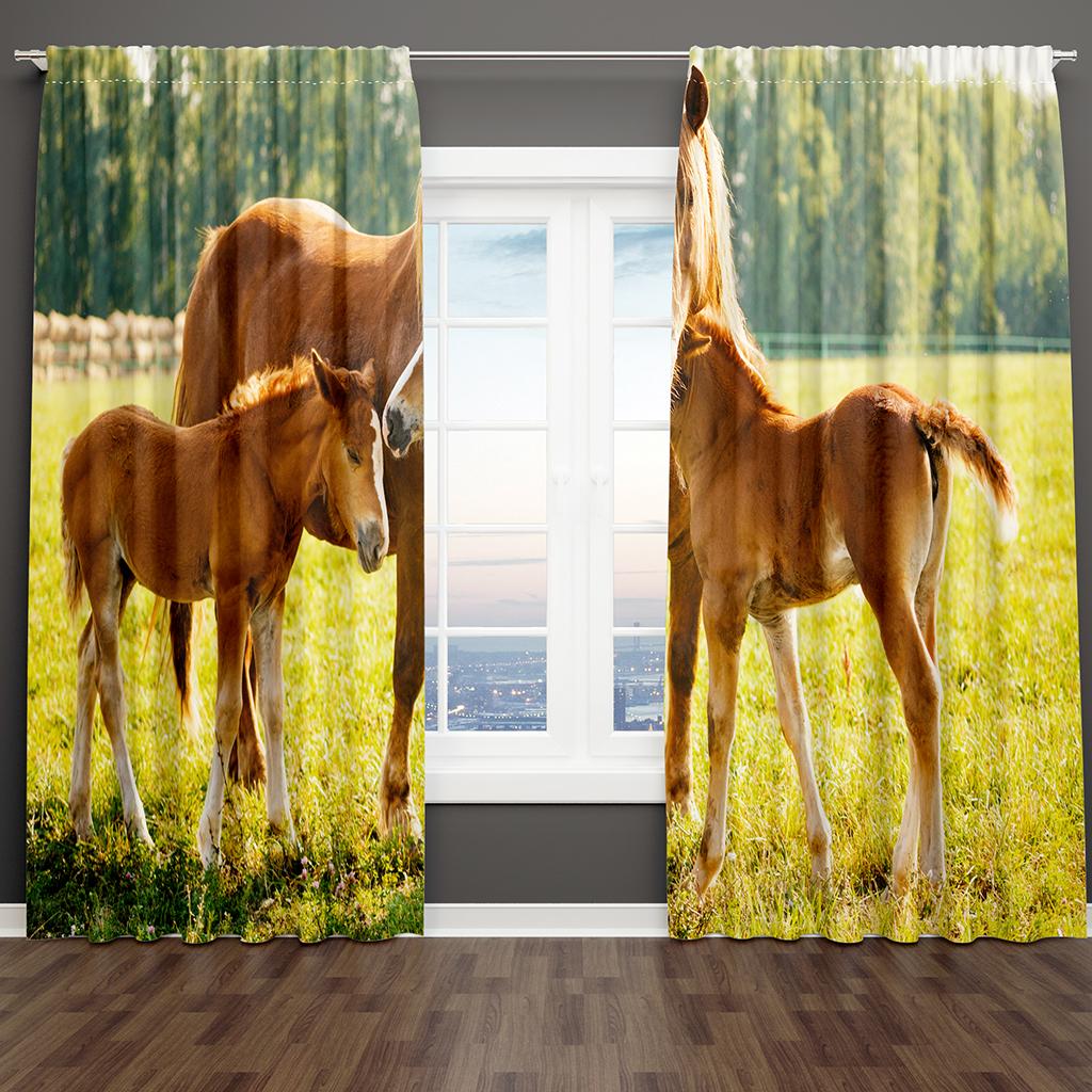 Mountain Landscape Horses White Black 2 Pieces Thin Shading Curtain Living Room Bedroom Home Decor Hook