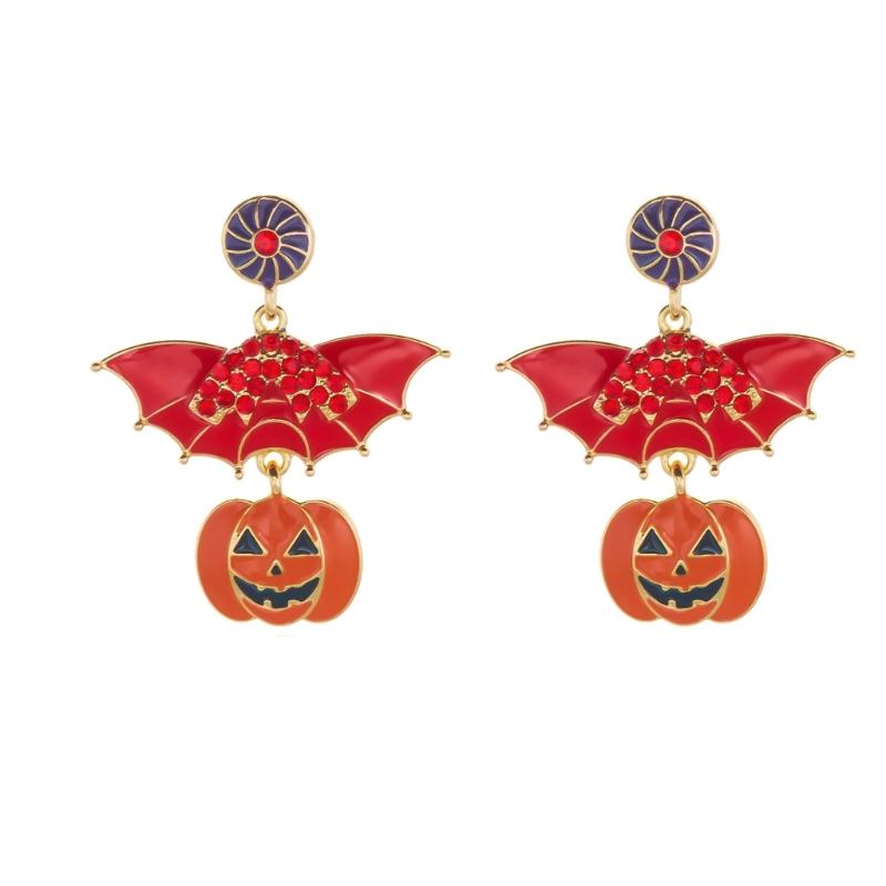 Halloween Party Earrings, Stud Top Drop Pair with Enamel Style Finish for Photo Looks, Fall Gatherings, and Dress Up