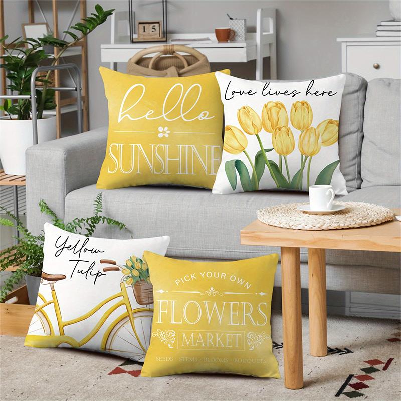 Yellow Tulip Bicycle And Hello Sunshine Pillows Polyester Pillowcase, Sofa Decorative Cushion Cov Headboard Pillow