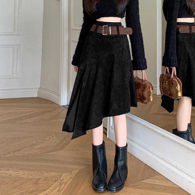 Elegant Suede Midi Skirt with Irregular Slit - Women's Autumn/Winter Fashion