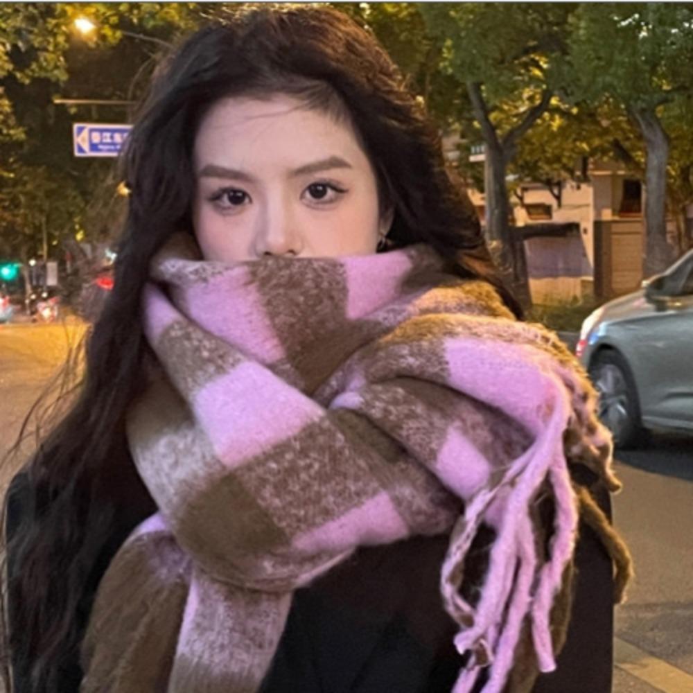 Tassel Plaid Wool Scarf Mohair Long Shawl Elegant Winter Cashmere Scarves  Student