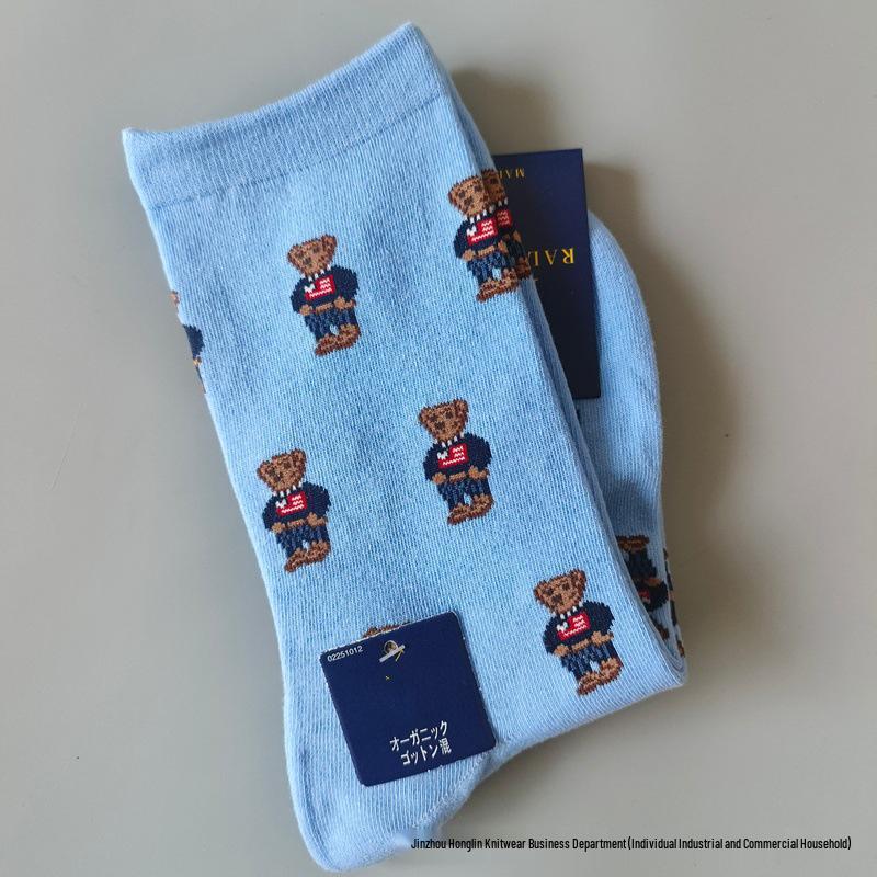 Trendy Little Bear Mid-Calf Women's Cotton Socks for Spring and Autumn