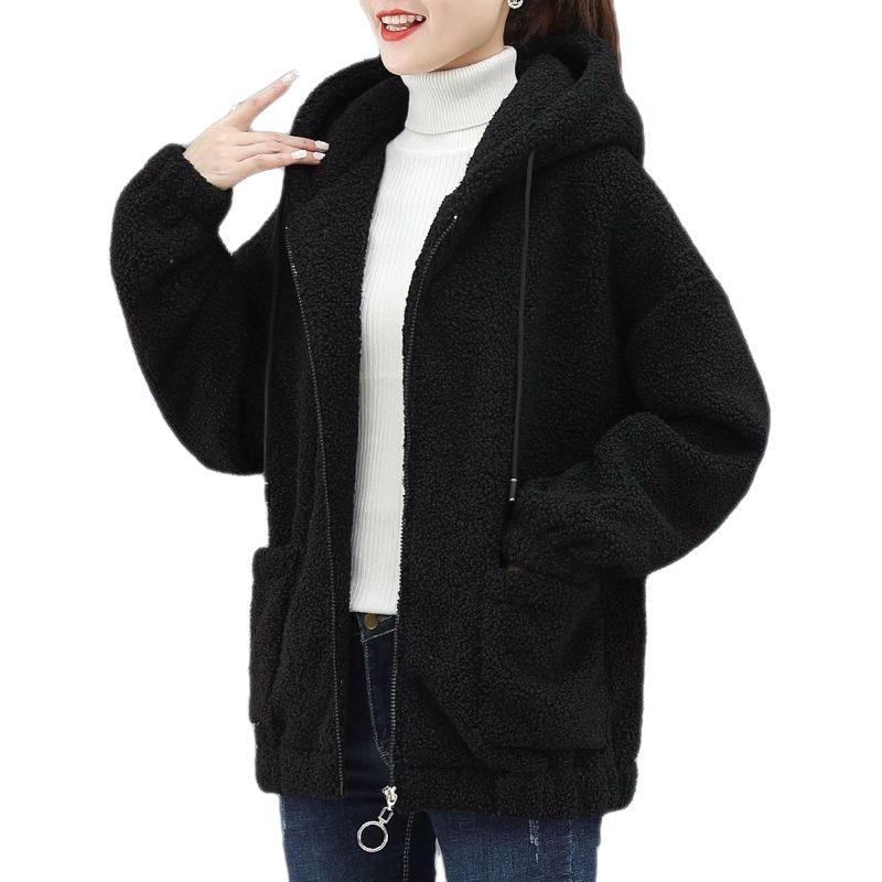 Women's Lamb Wool Sweatshirt Plus Velvet Autumn and Winter Loose Korean Style Zipper Pocket Cardigan Thickened Jacket
