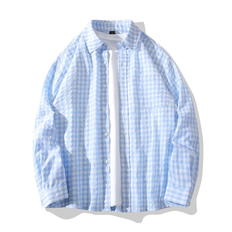 Mens Plaid Loose Long Sleeve Casual Thin Shirt Outerwear