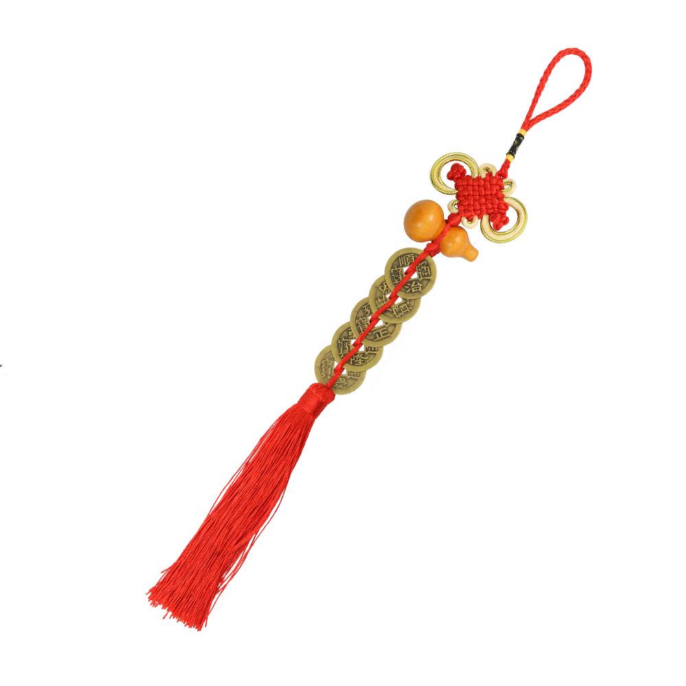 Ciondolo Gourd in Ottone e Legno con Monete dei Cinque Imperatori - Nodo Cinese Decorazione per la Casa