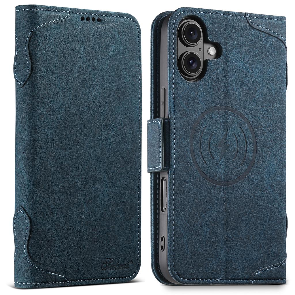 SUTENI J07 For iPhone 16 Plus Case Compatible with MagSafe Litchi Texture Leather Wallet Phone Cover