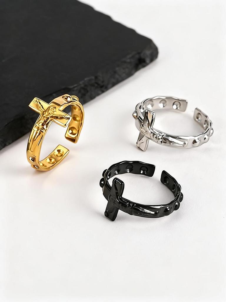 Offener Kreuzring für Männer, Edelstahl Schwarz/Gold/Silber Farbe Jesus Kruzifix Verstellbares Band, Punk Glaubensschmuck Geschenk