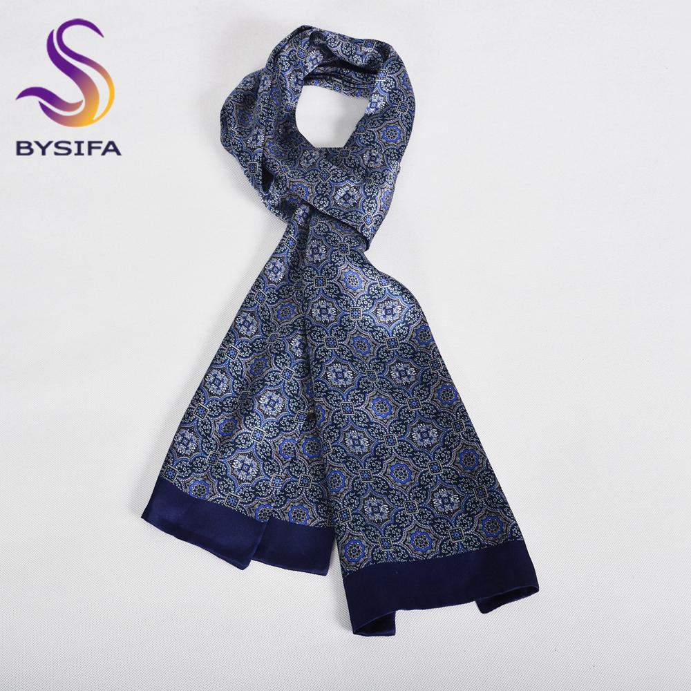 BYSIFA|Grey Blue Silk Cravat Scarf Men Winter Fashion 100% Silk Male Long Scarves Cravats Brand Soft Long Scarf Tie 160*26cm