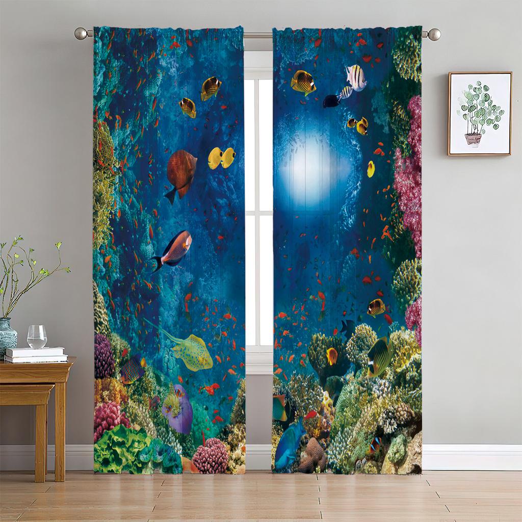 2 Panel Blue Sea Curtain Sea Creature Dolphin Turtle Curtain for Bedroom Living Room Kitchen Window Tulle Sheer VoileCurtains
