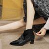 French Pointed Short Boots V-mouth Retro Leather Horsehair Splicing High-heeled Short Leather Boots Thick-heeled High-top Velvet Women's Shoes