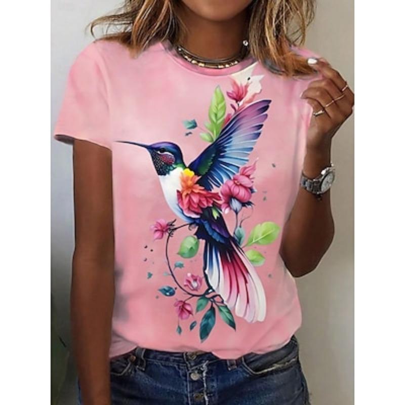 Women's T Shirt Floral Bird Casual Short Sleeve Round Neck Regular Tops Daily Print Pink Blue Summer Spring