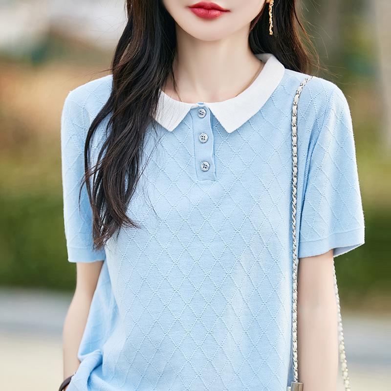 Women's Summer Short-Sleeve Cotton Polo with Contrast Collar